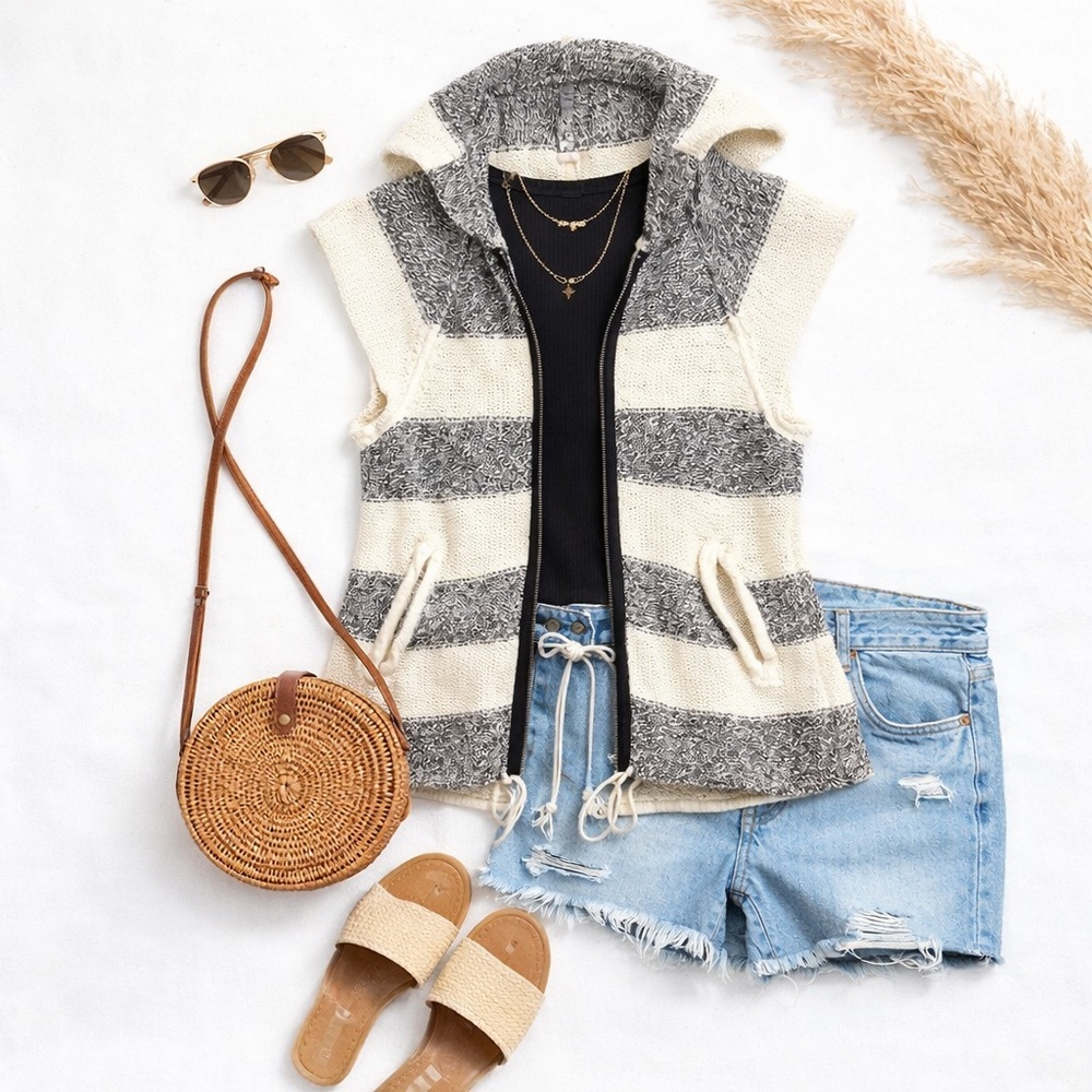Free People Regatta Striped Hooded Zip Front Sweater Sleeveless Medium